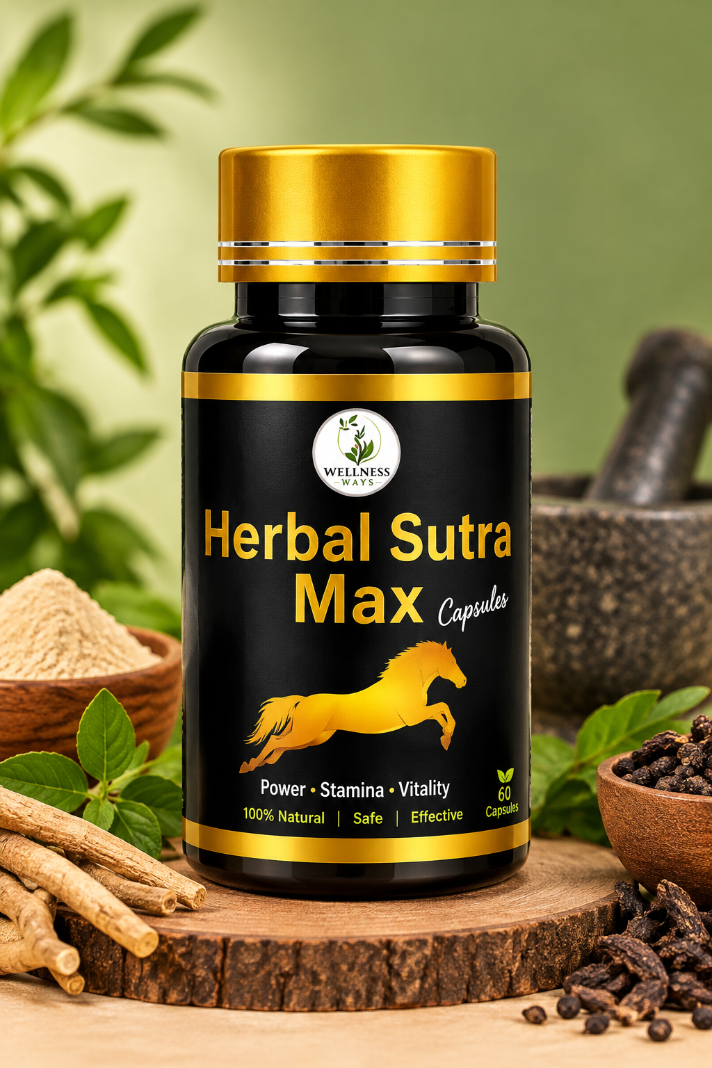 Herbal Sutra Max कैप्सूल की 60 कैप्सूल वाली बोतल